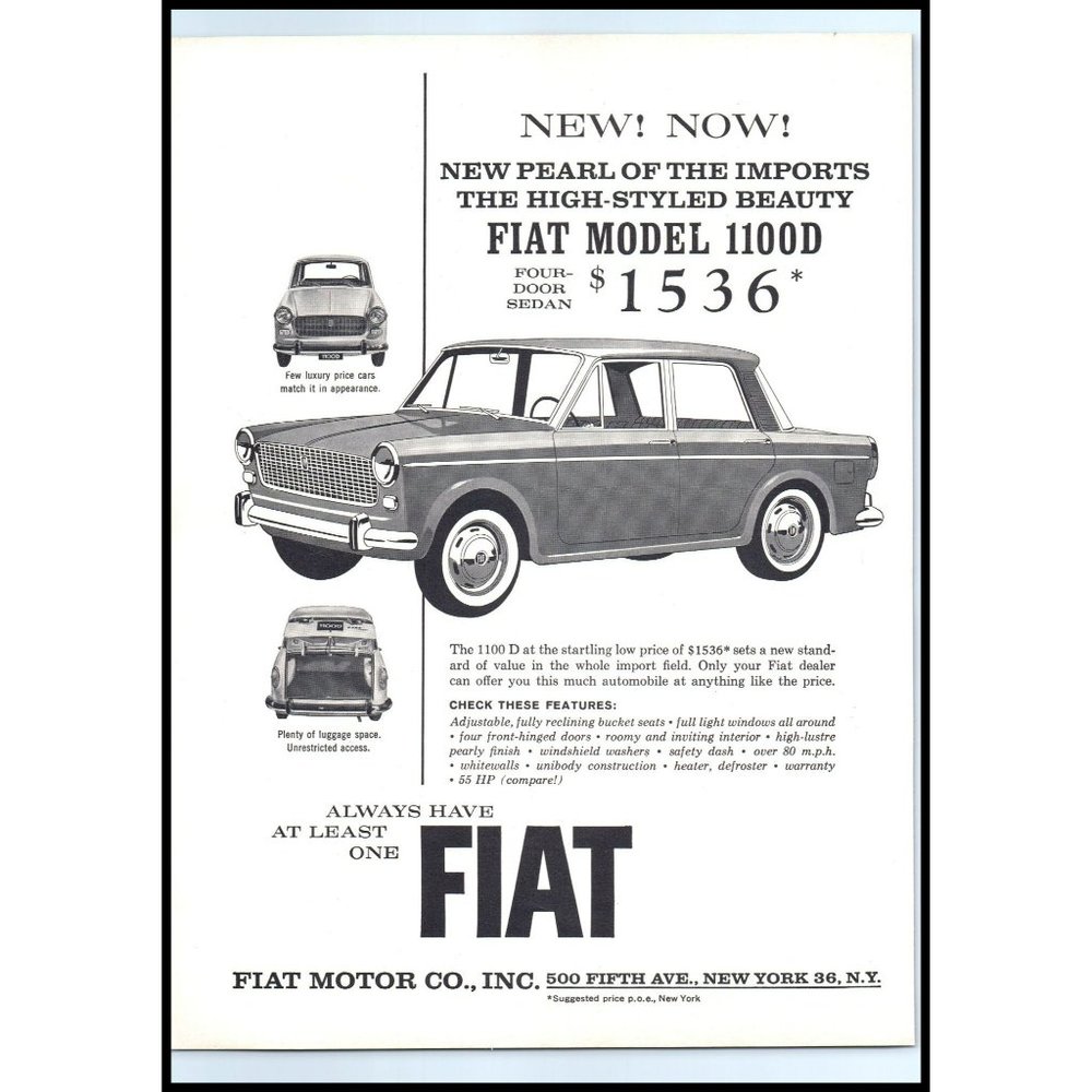 1963 Fiat 1100D 4 Door Sedan Vintage Print Ad Italy Italian Car Wall Art